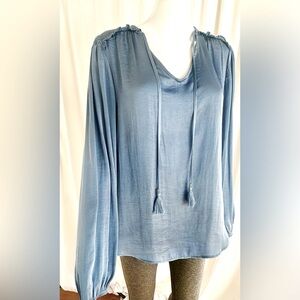 TAHARI Blue Satin Tunic Blouse with Tassel Neck Tie Detail - Large
